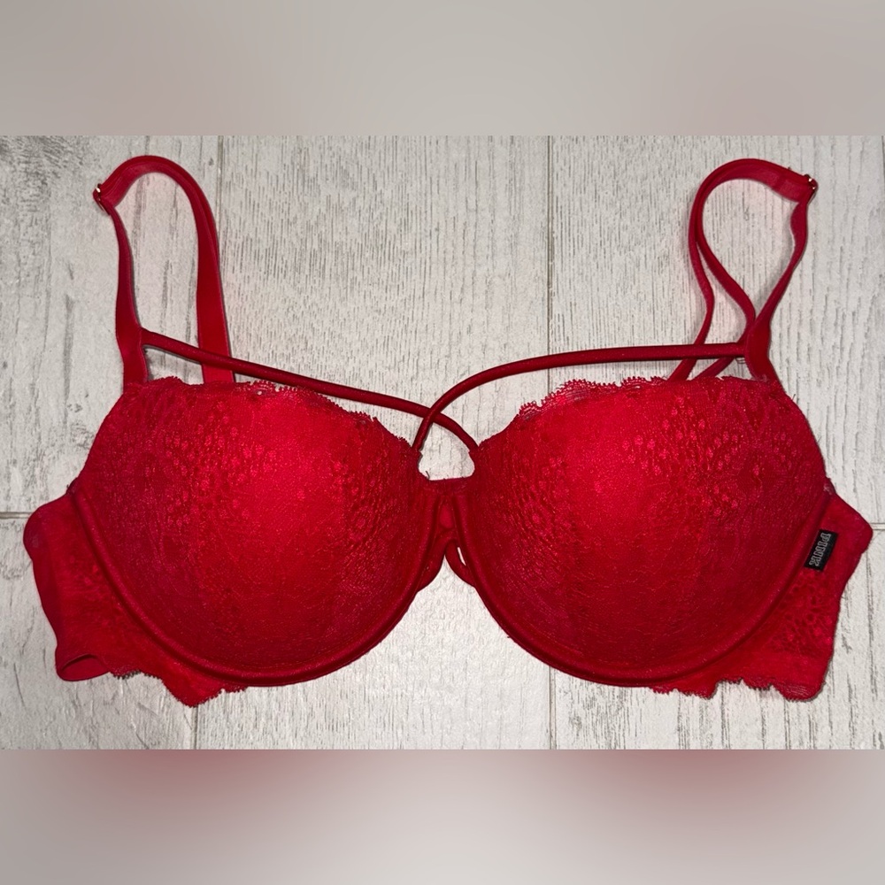 PINK Victoria’s Secret/Strappy Red Lace Push Up Bra 34C